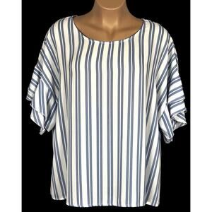 JUSTIFY    Size 2X    BLUE & WHITE Striped BLOUSE + Ruffle Sleeves   Poly Crepe